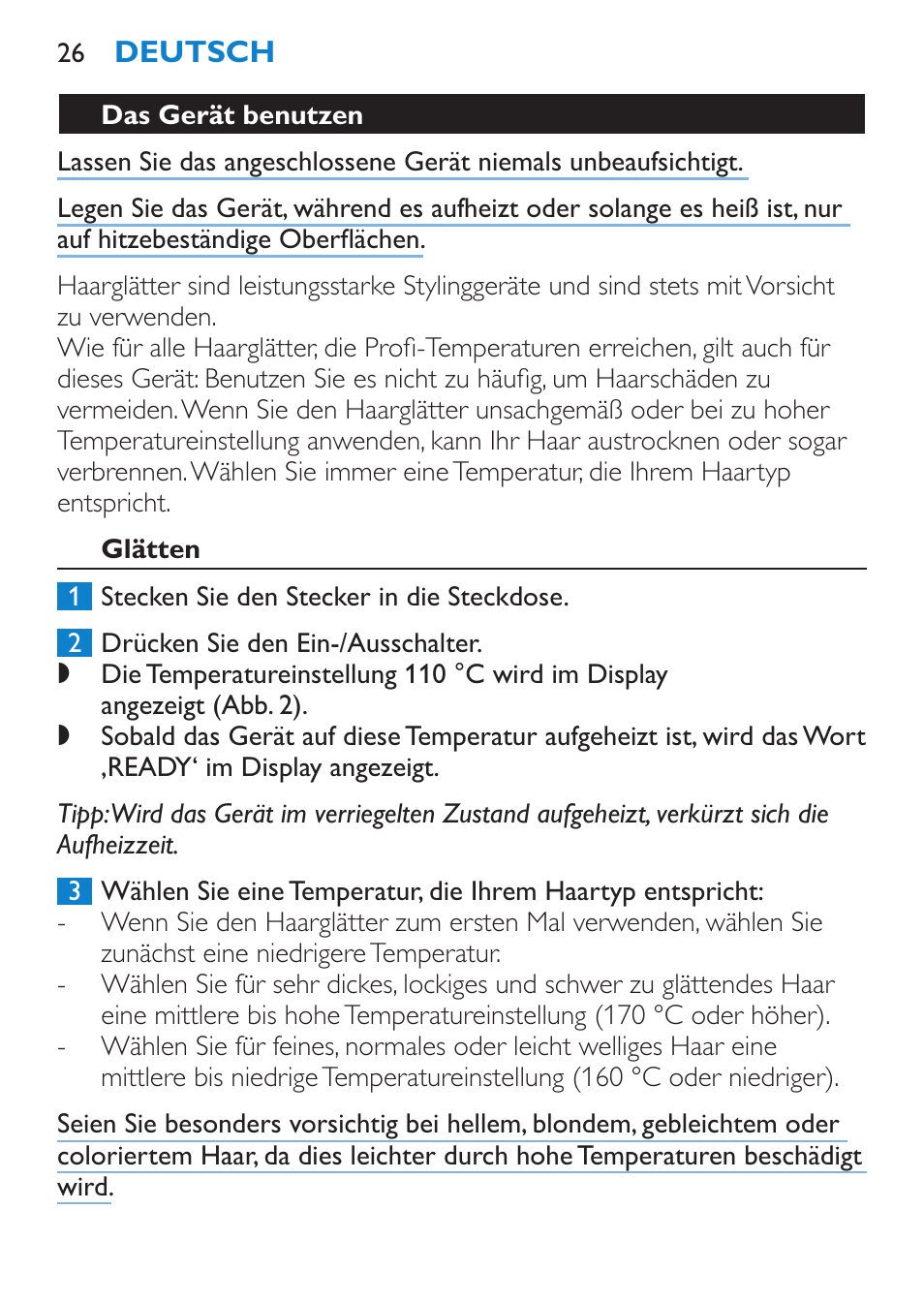 Das gerät benutzen, Glätten | Philips HP4667 User Manual | Page 26 / 112