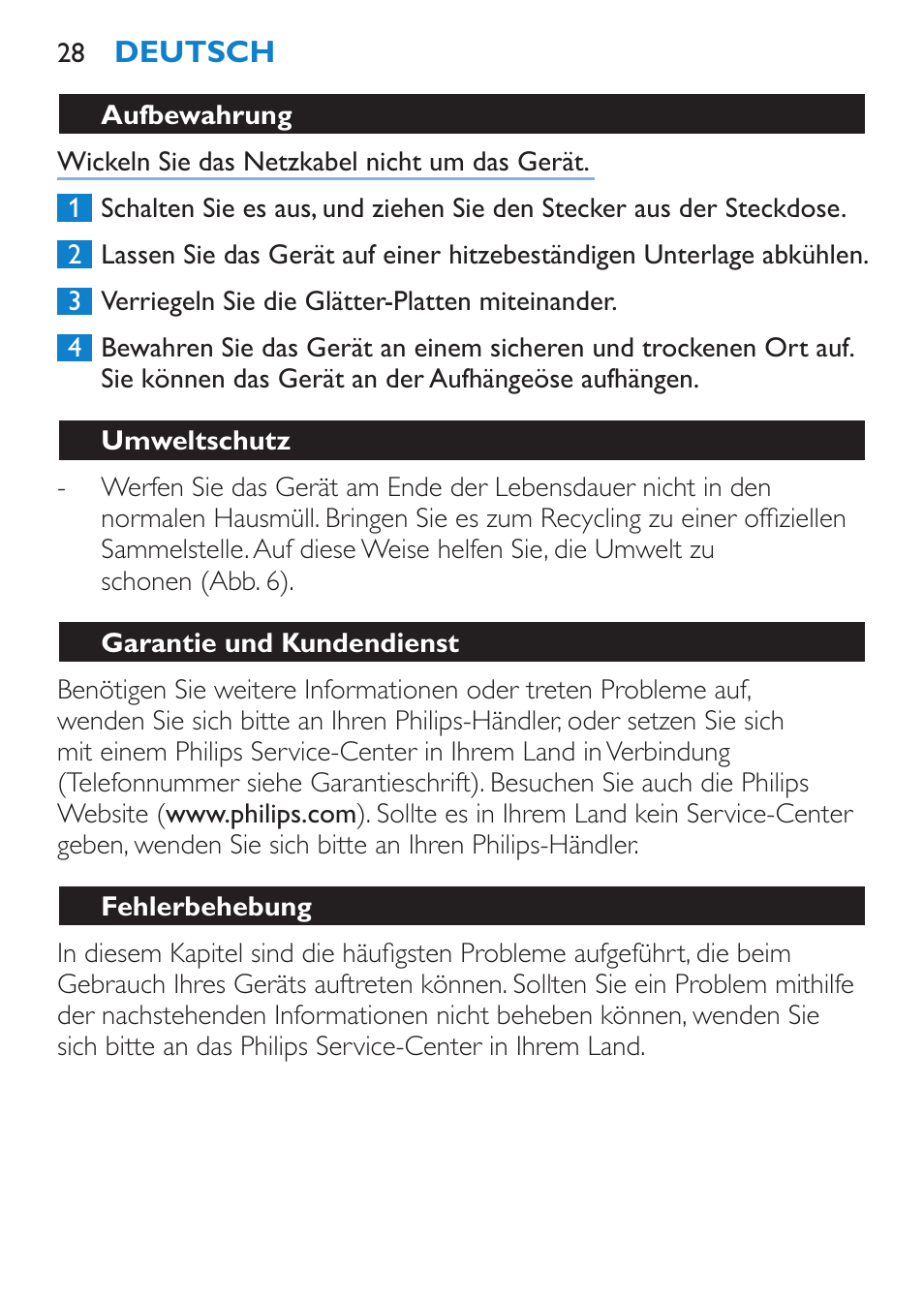 Aufbewahrung, Umweltschutz, Garantie und kundendienst | Fehlerbehebung | Philips HP4667 User Manual | Page 28 / 112