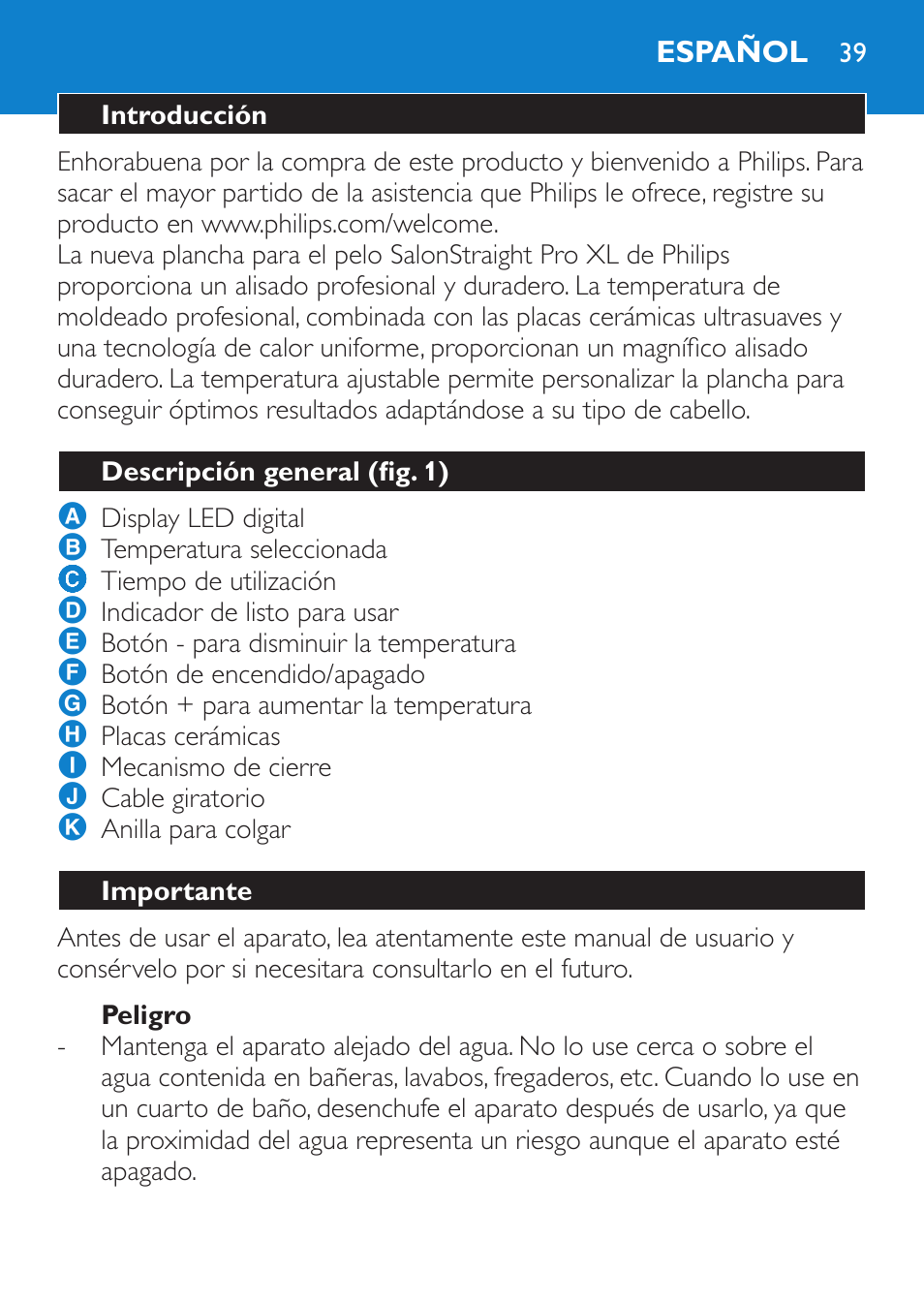 Peligro, Español, Introducción | Descripción general (fig. 1), Importante | Philips HP4667 User Manual | Page 39 / 112