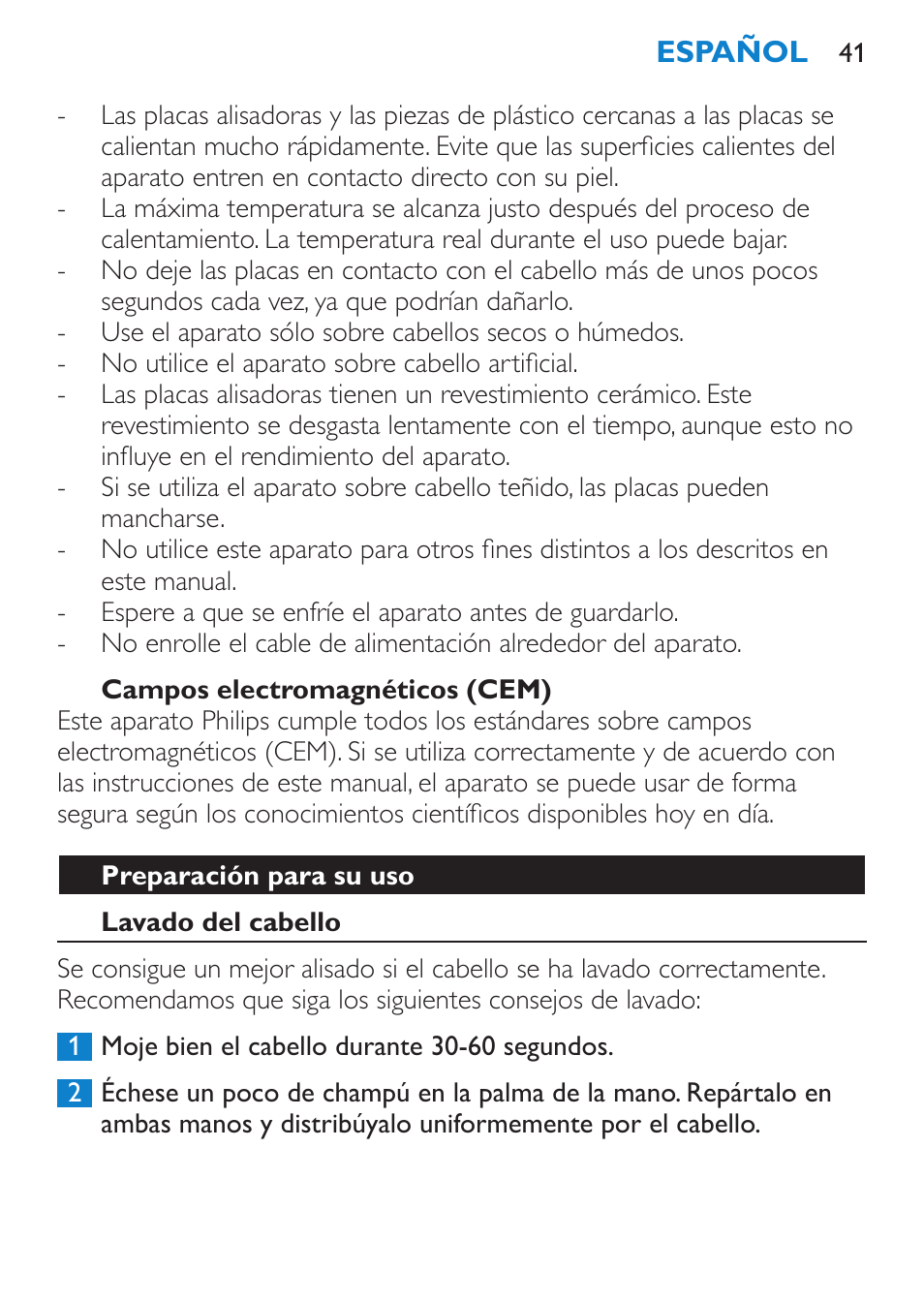 Campos electromagnéticos (cem), Preparación para su uso, Lavado del cabello | Philips HP4667 User Manual | Page 41 / 112