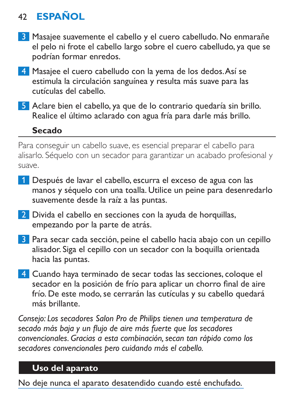 Secado, Uso del aparato | Philips HP4667 User Manual | Page 42 / 112