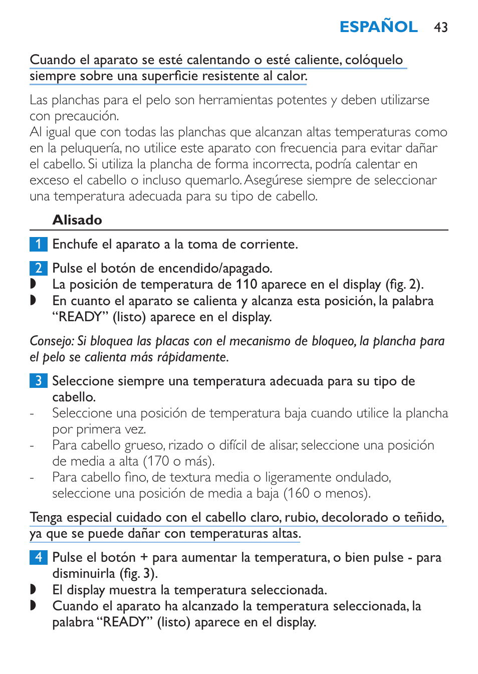 Alisado | Philips HP4667 User Manual | Page 43 / 112