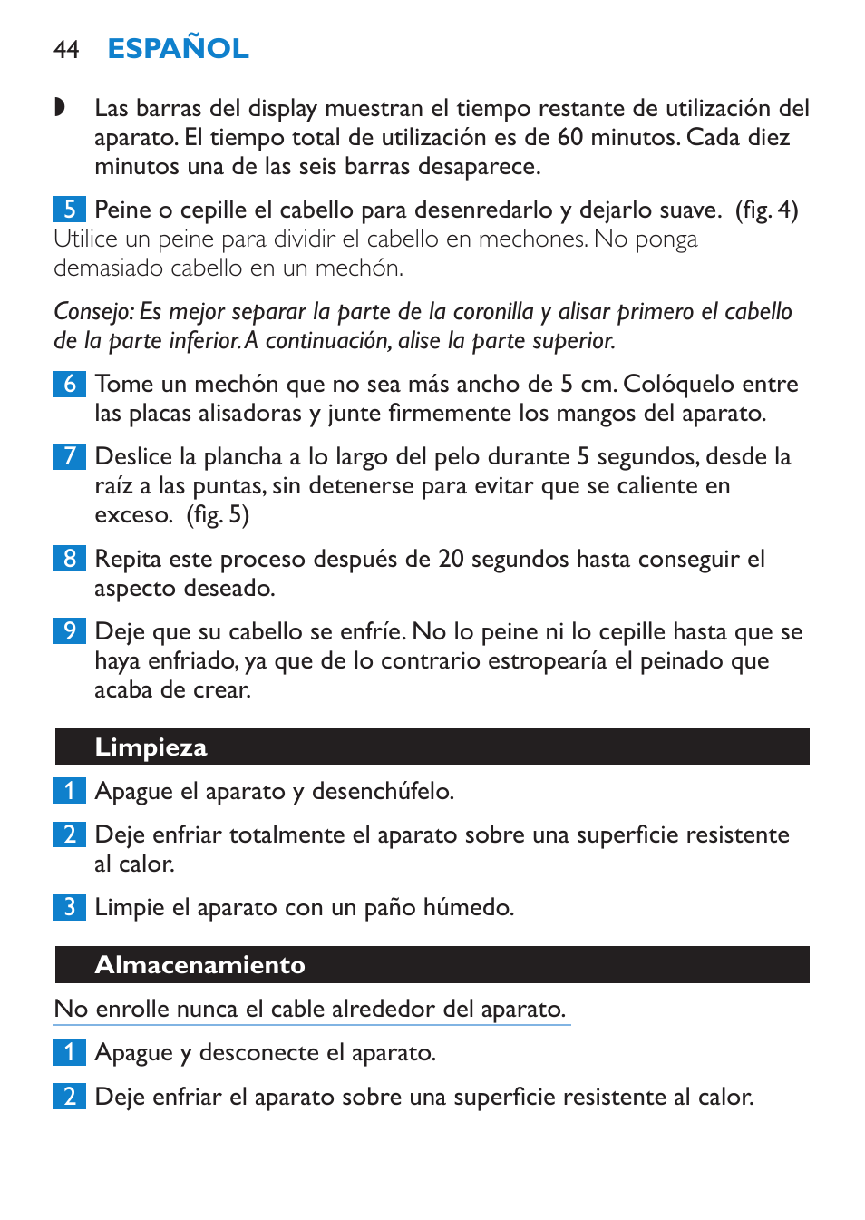 Limpieza, Almacenamiento | Philips HP4667 User Manual | Page 44 / 112