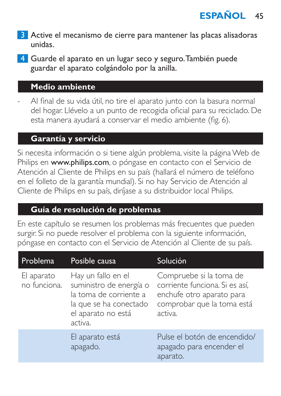 Medio ambiente, Garantía y servicio, Guía de resolución de problemas | Philips HP4667 User Manual | Page 45 / 112