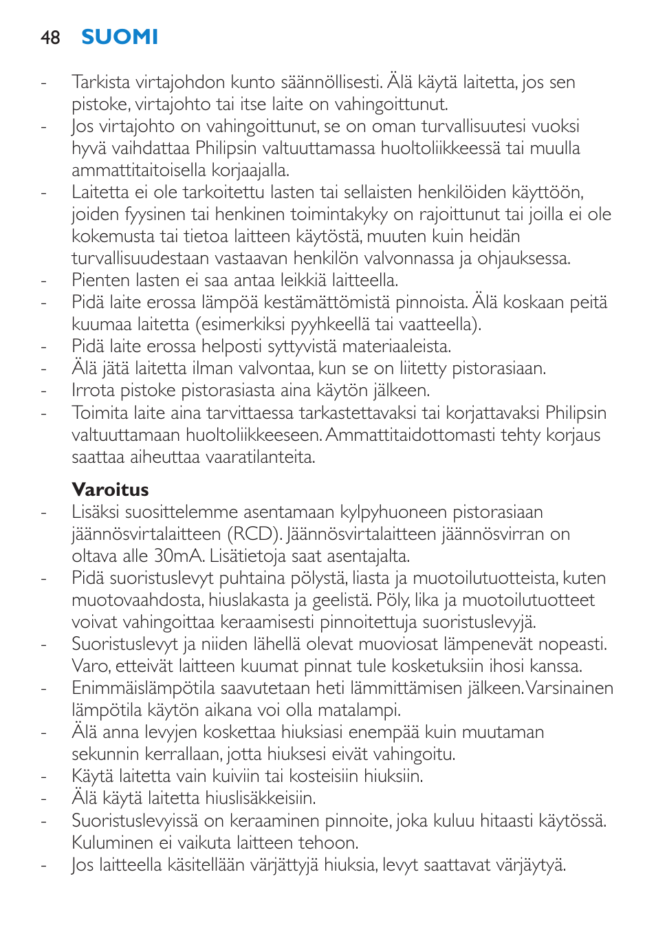 Varoitus | Philips HP4667 User Manual | Page 48 / 112