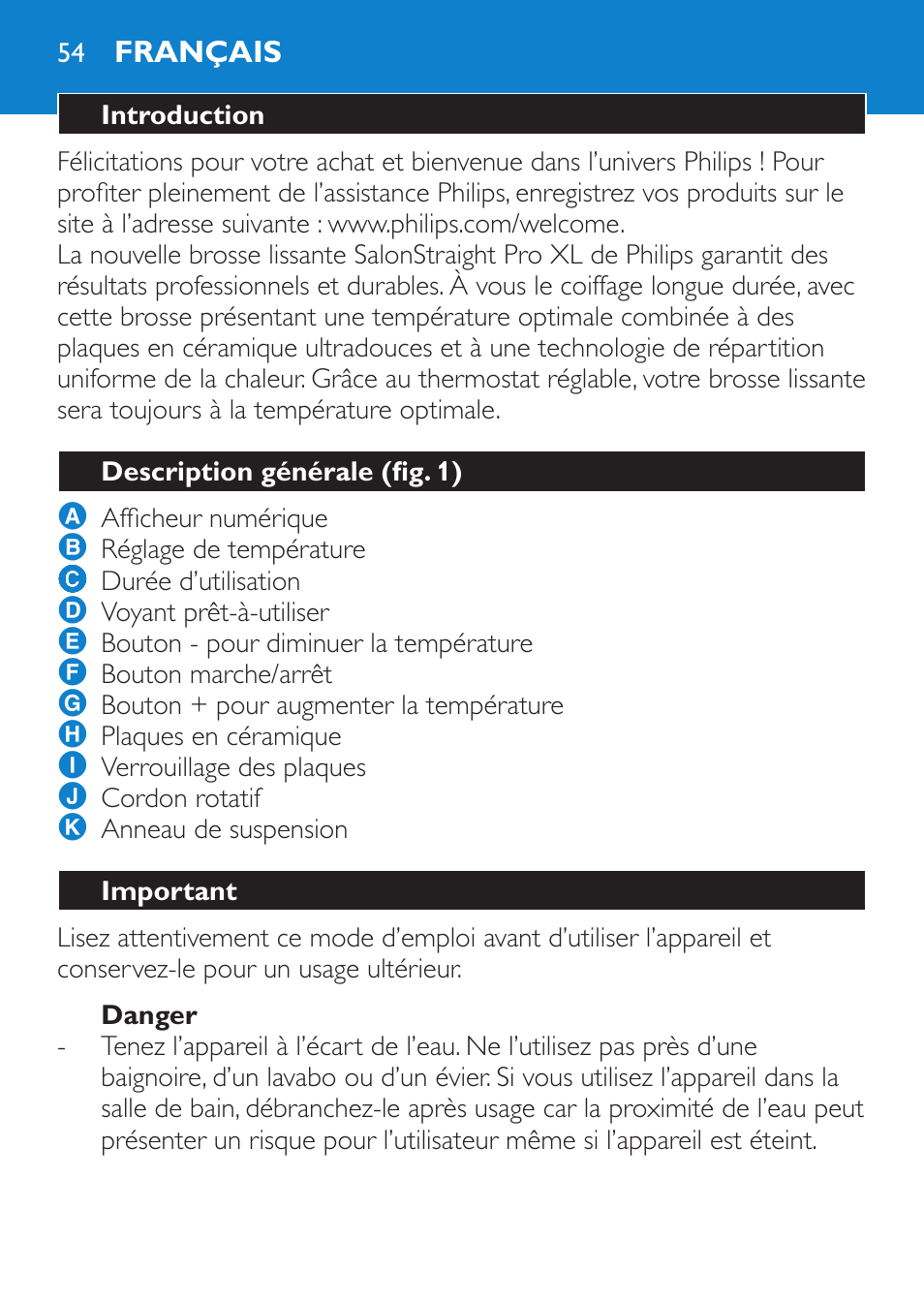 Danger, Français, Introduction | Description générale (fig. 1), Important | Philips HP4667 User Manual | Page 54 / 112