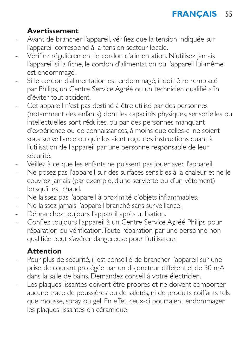 Avertissement, Attention | Philips HP4667 User Manual | Page 55 / 112