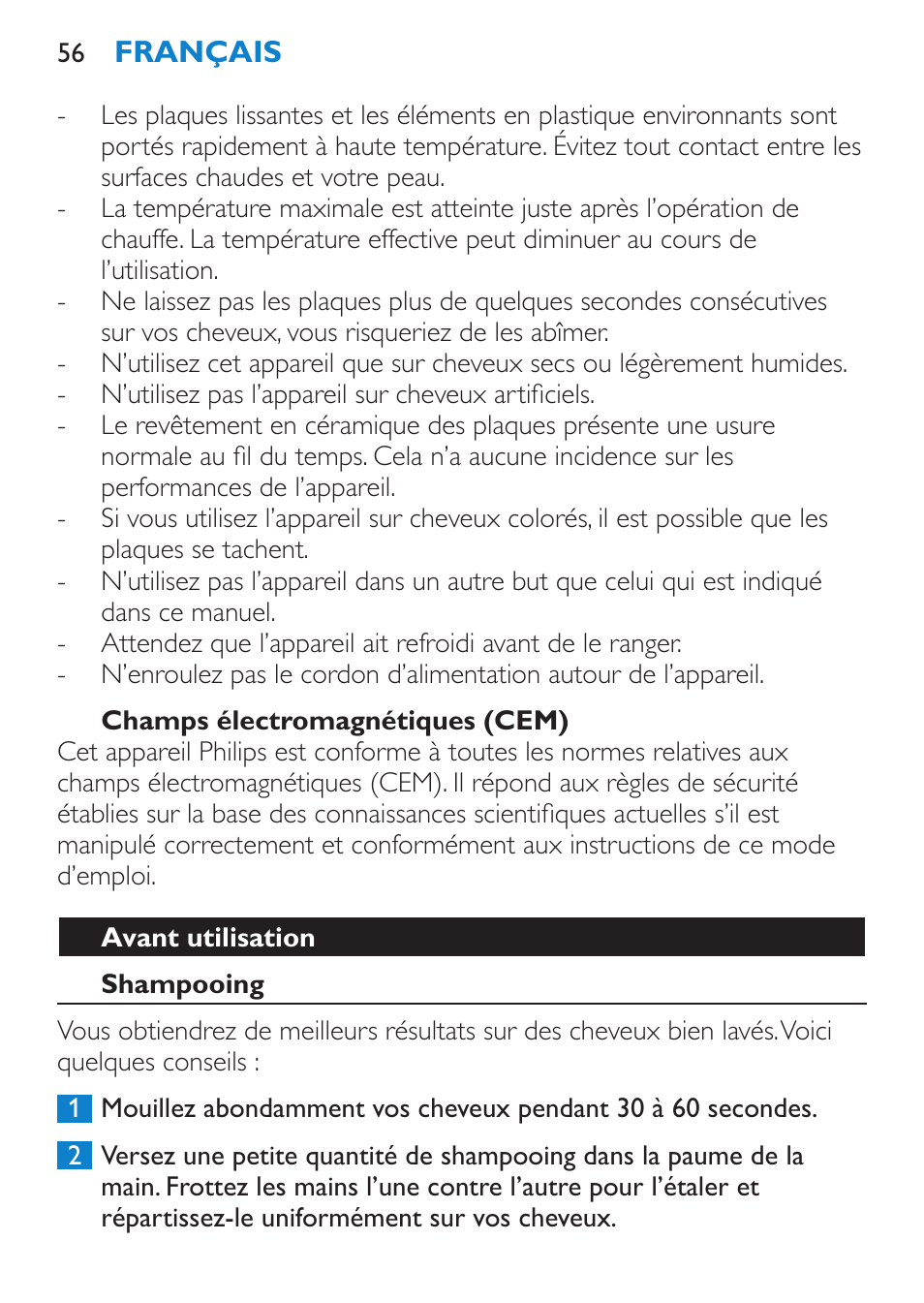 Champs électromagnétiques (cem), Avant utilisation, Shampooing | Philips HP4667 User Manual | Page 56 / 112