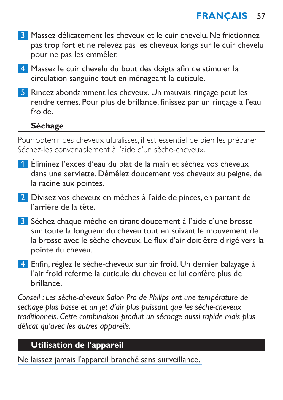 Séchage, Utilisation de l’appareil | Philips HP4667 User Manual | Page 57 / 112