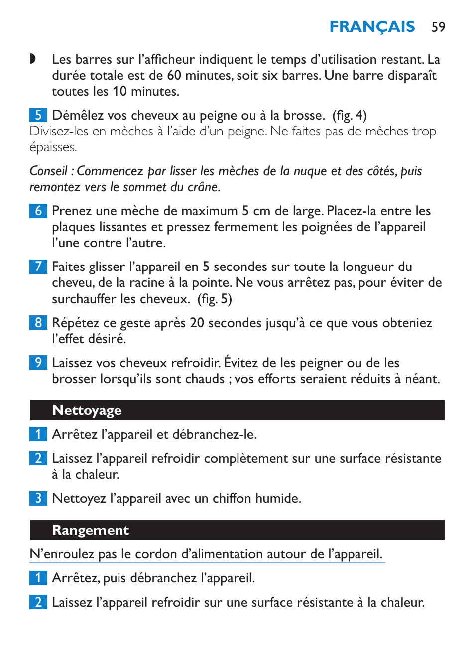 Nettoyage, Rangement | Philips HP4667 User Manual | Page 59 / 112