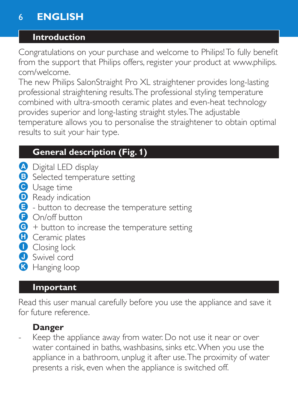 English, Introduction, General description (fig. 1) | Important, Danger | Philips HP4667 User Manual | Page 6 / 112