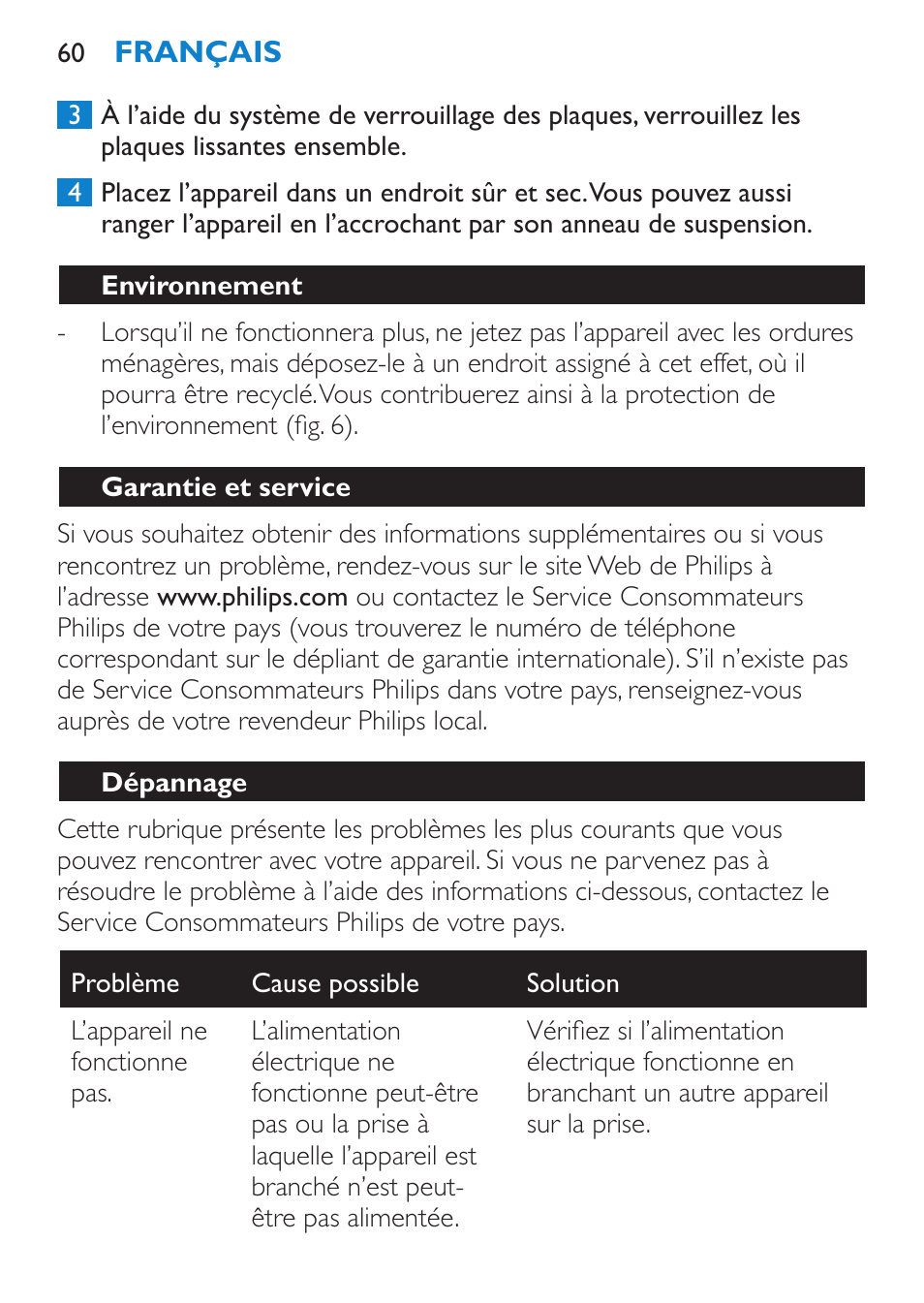 Environnement, Garantie et service, Dépannage | Philips HP4667 User Manual | Page 60 / 112