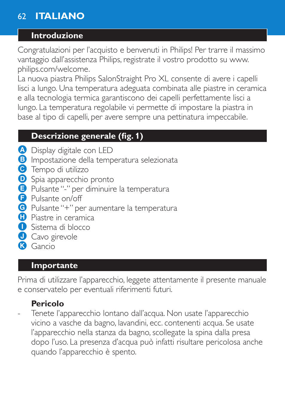 Pericolo, Italiano, Introduzione | Descrizione generale (fig. 1), Importante | Philips HP4667 User Manual | Page 62 / 112