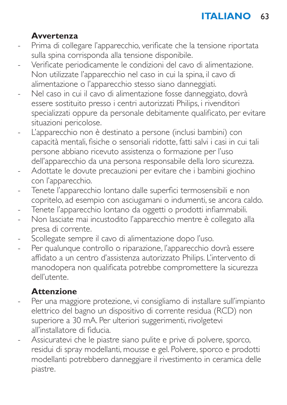 Avvertenza, Attenzione | Philips HP4667 User Manual | Page 63 / 112