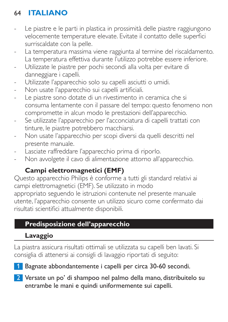 Campi elettromagnetici (emf), Predisposizione dell’apparecchio, Lavaggio | Philips HP4667 User Manual | Page 64 / 112