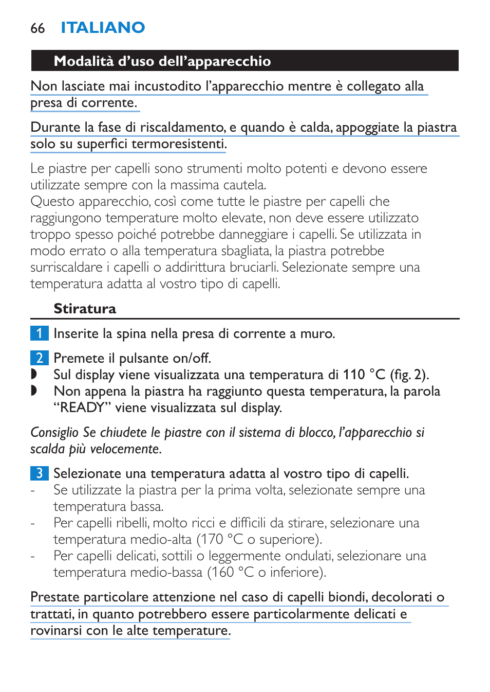 Modalità d’uso dell’apparecchio, Stiratura | Philips HP4667 User Manual | Page 66 / 112