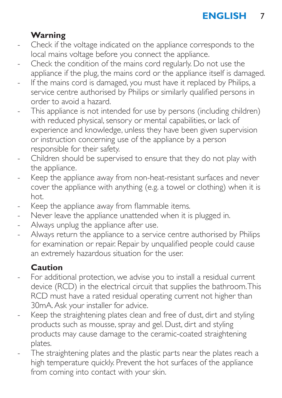 Warning, Caution | Philips HP4667 User Manual | Page 7 / 112