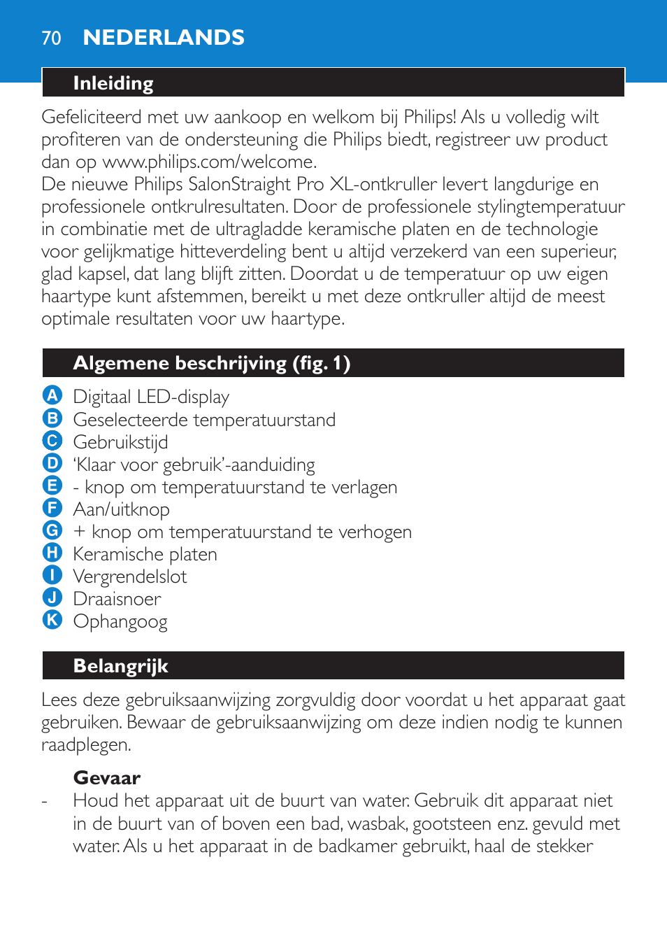 Gevaar, Nederlands, Inleiding | Algemene beschrijving (fig. 1), Belangrijk | Philips HP4667 User Manual | Page 70 / 112