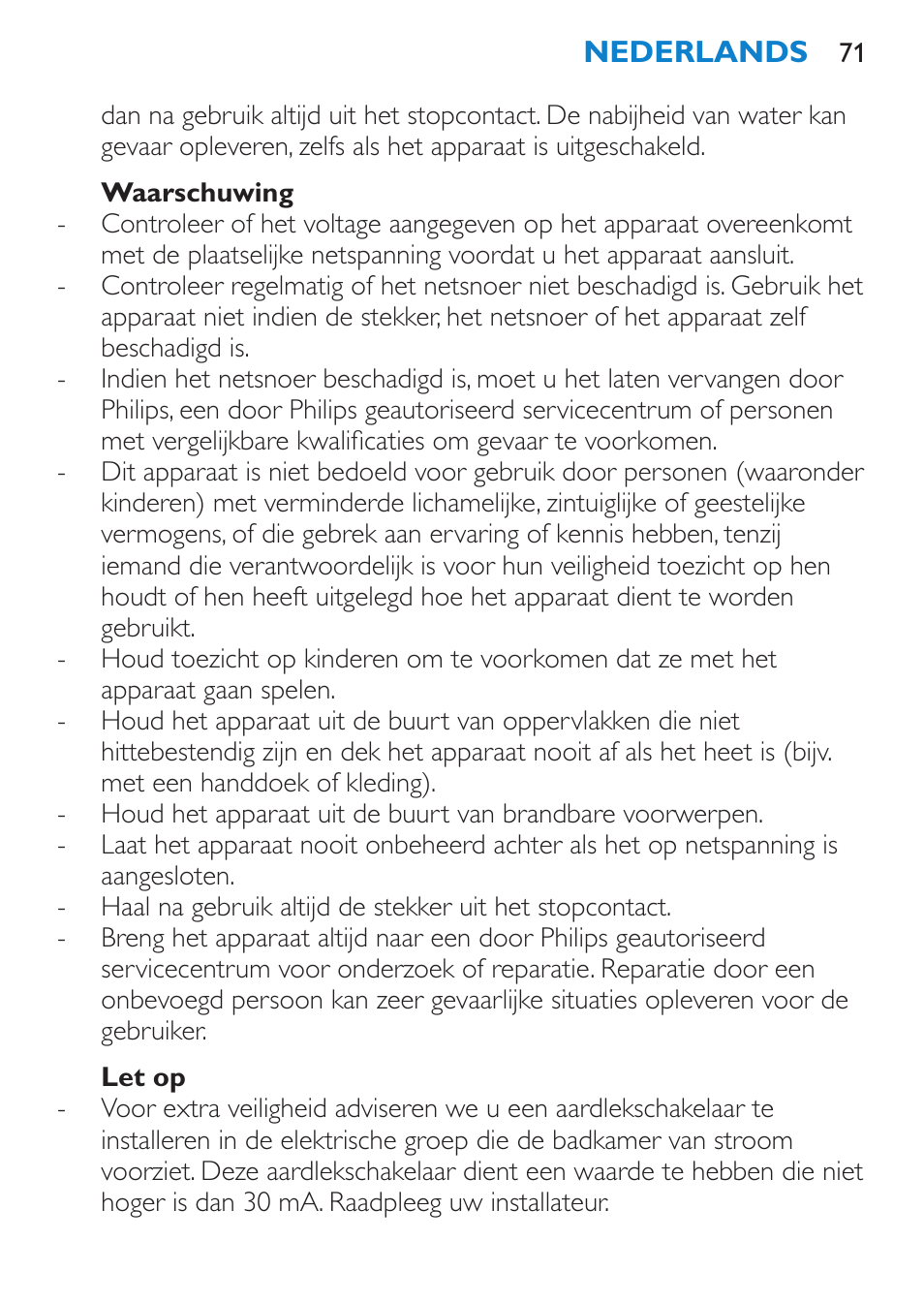 Waarschuwing, Let op | Philips HP4667 User Manual | Page 71 / 112