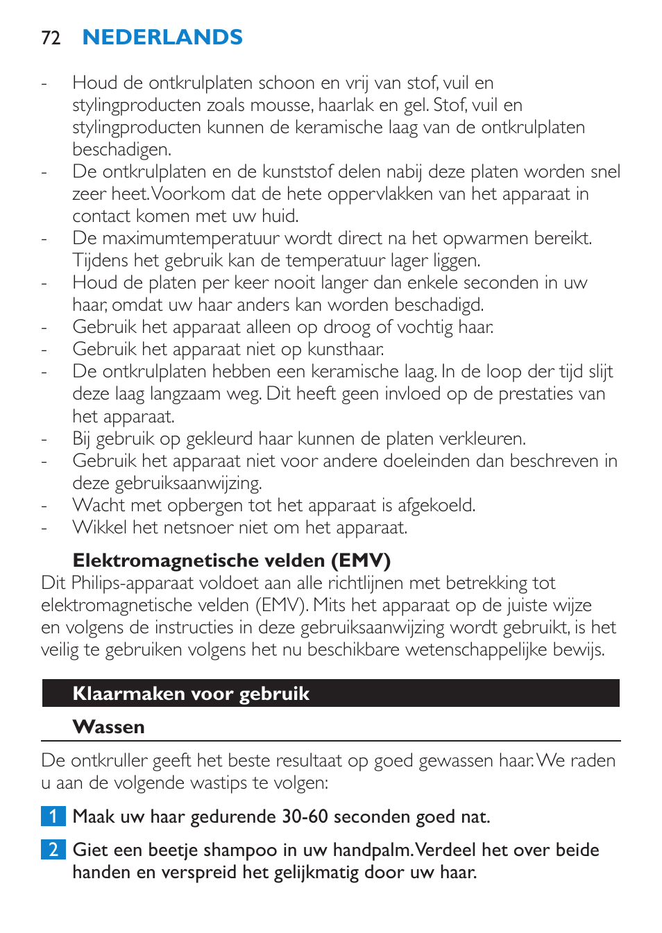 Elektromagnetische velden (emv), Klaarmaken voor gebruik, Wassen | Philips HP4667 User Manual | Page 72 / 112