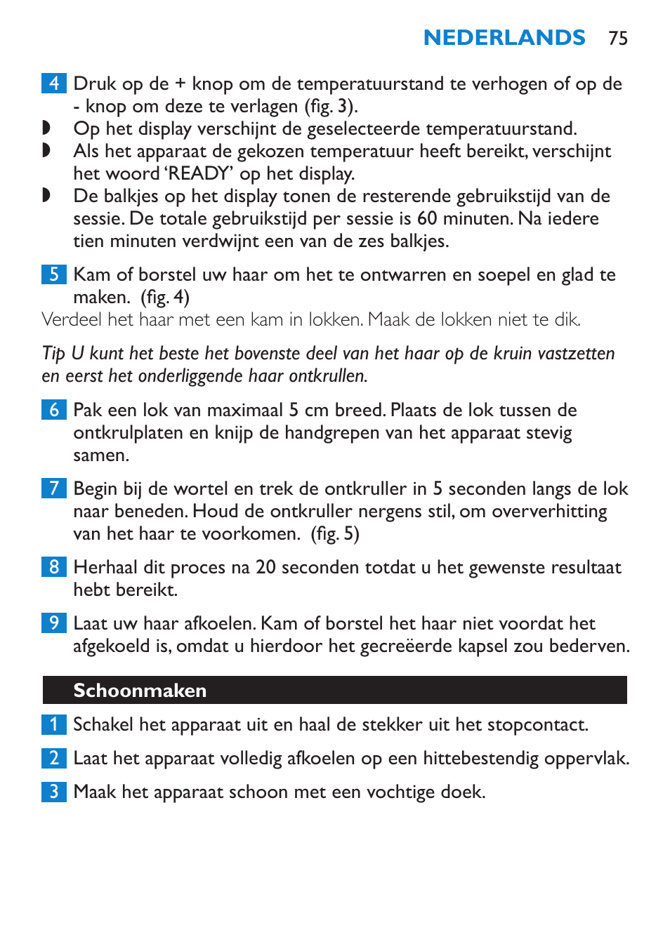 Schoonmaken, Opbergen | Philips HP4667 User Manual | Page 75 / 112