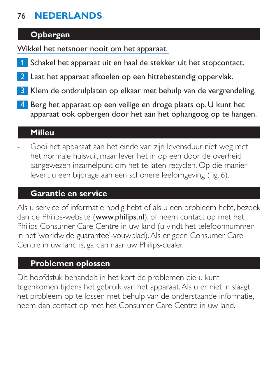 Milieu, Garantie en service, Problemen oplossen | Philips HP4667 User Manual | Page 76 / 112