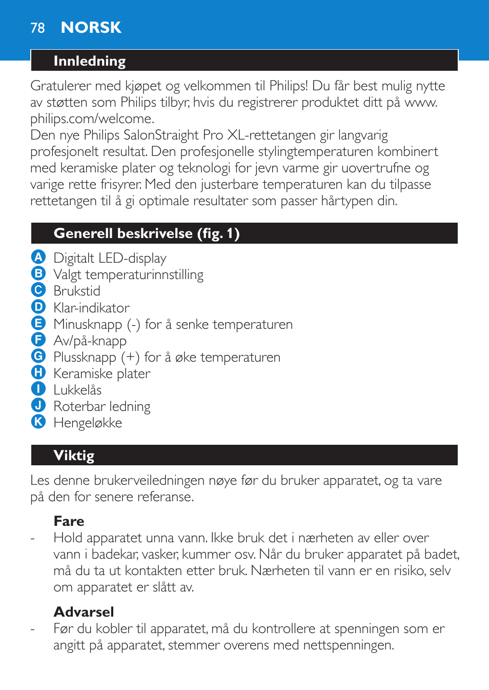 Fare, Advarsel, Norsk | Innledning, Generell beskrivelse (fig. 1), Viktig | Philips HP4667 User Manual | Page 78 / 112