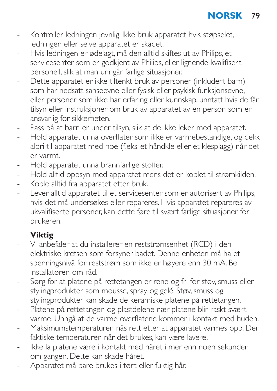 Viktig | Philips HP4667 User Manual | Page 79 / 112