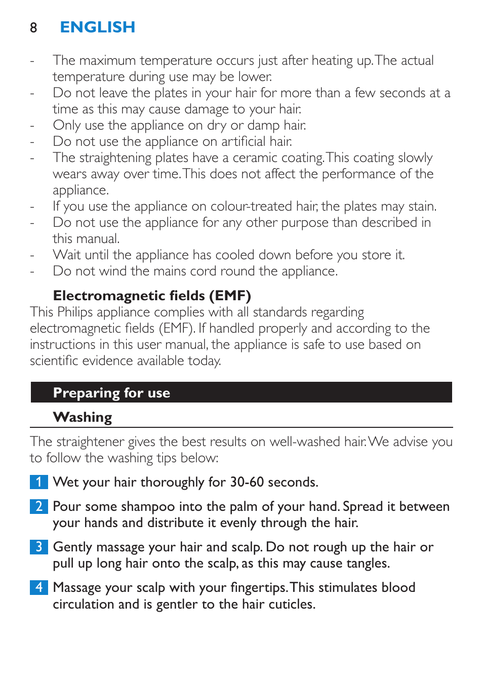 Electromagnetic fields (emf), Preparing for use, Washing | Philips HP4667 User Manual | Page 8 / 112