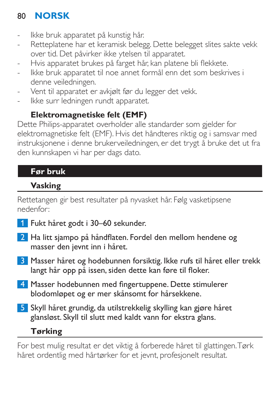 Elektromagnetiske felt (emf), Før bruk, Vasking | Tørking | Philips HP4667 User Manual | Page 80 / 112