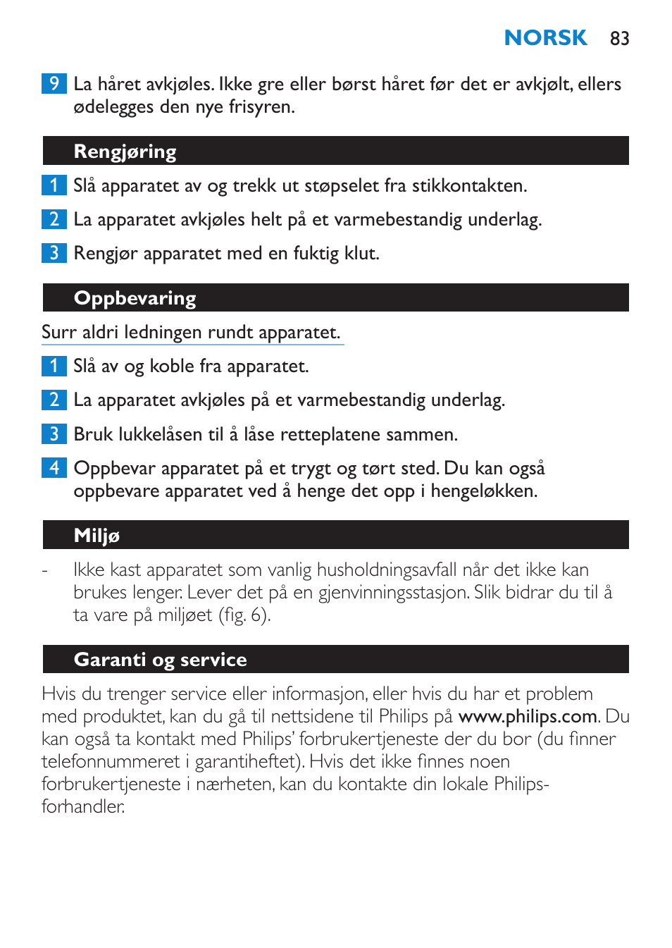 Rengjøring, Oppbevaring, Miljø | Garanti og service | Philips HP4667 User Manual | Page 83 / 112