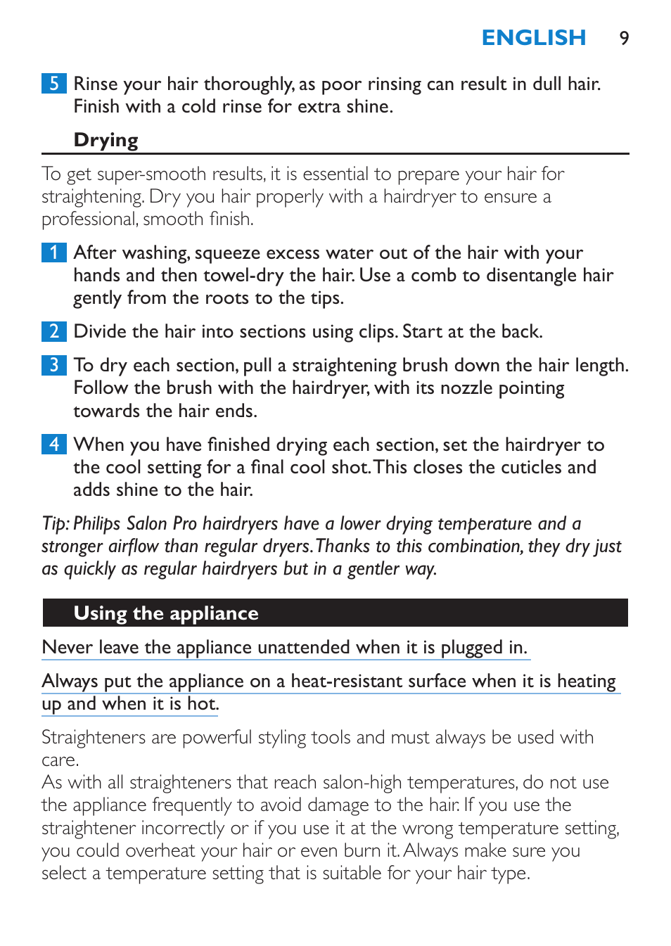 Drying, Using the appliance | Philips HP4667 User Manual | Page 9 / 112