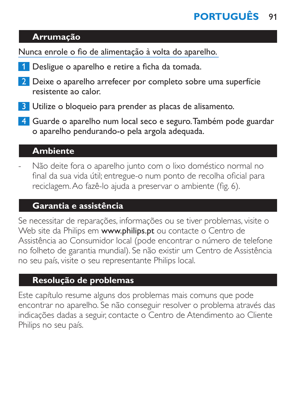 Limpeza, Arrumação | Philips HP4667 User Manual | Page 91 / 112