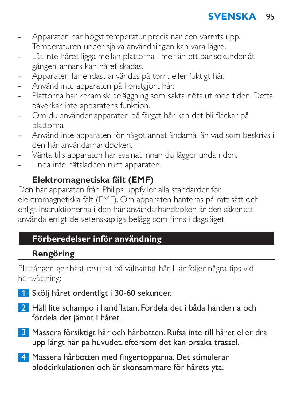 Varning, Var försiktig | Philips HP4667 User Manual | Page 95 / 112