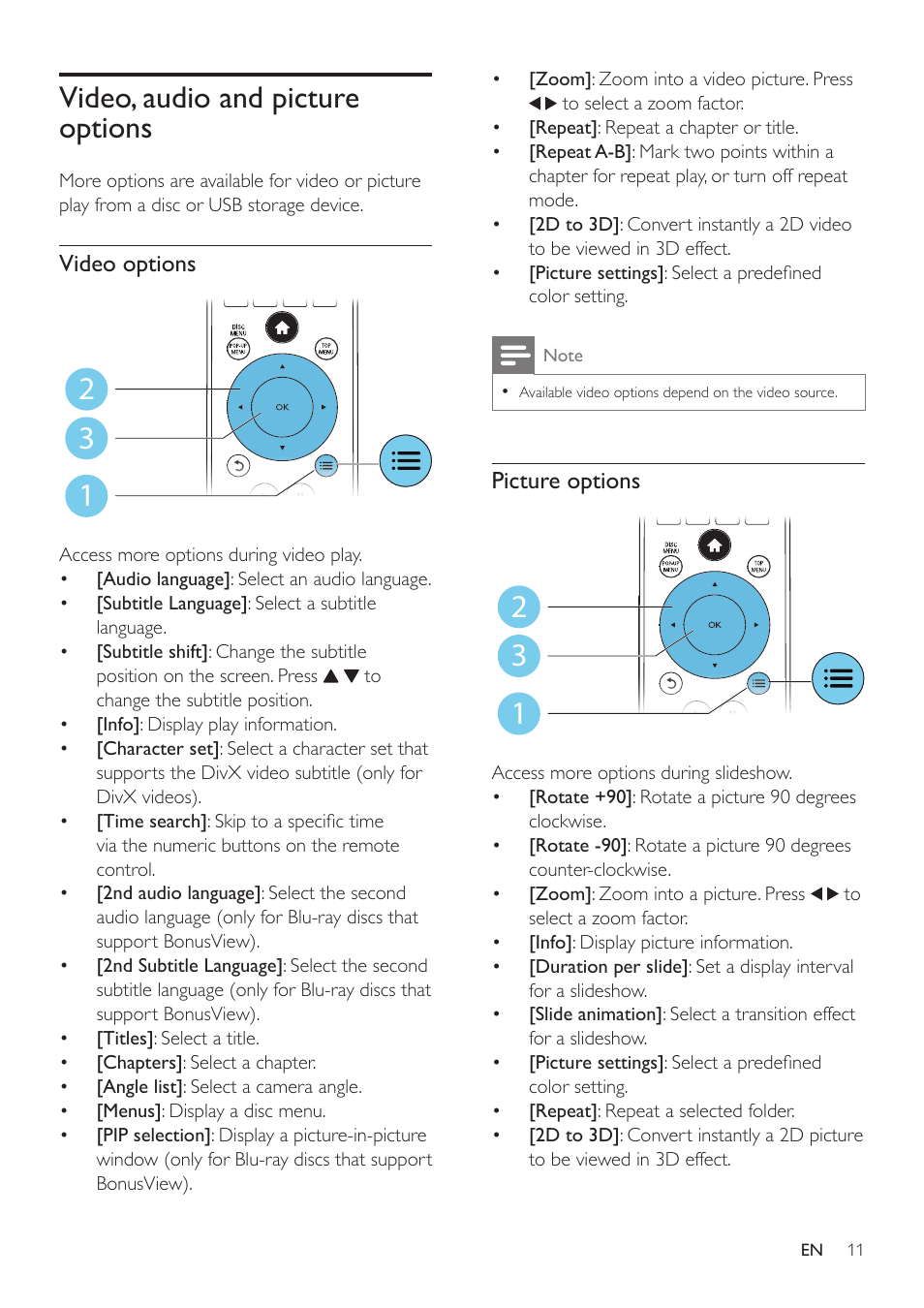 Video, audio and picture options | Philips BDP5500 User Manual | Page 11 / 30