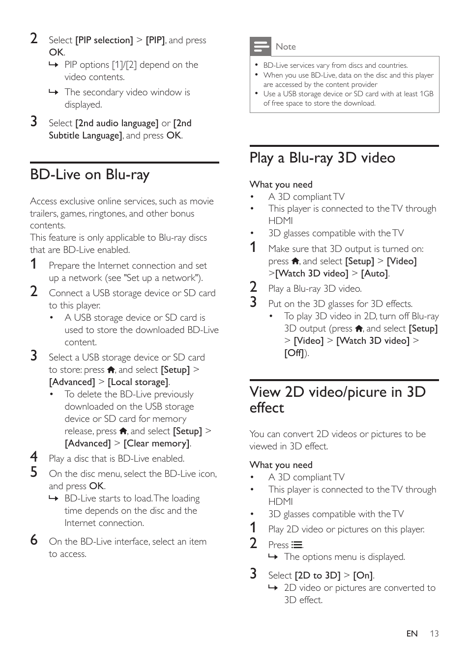 Bd-live on blu-ray, Play a blu-ray 3d video, View 2d video/picure in 3d effect | Philips BDP5500 User Manual | Page 13 / 30