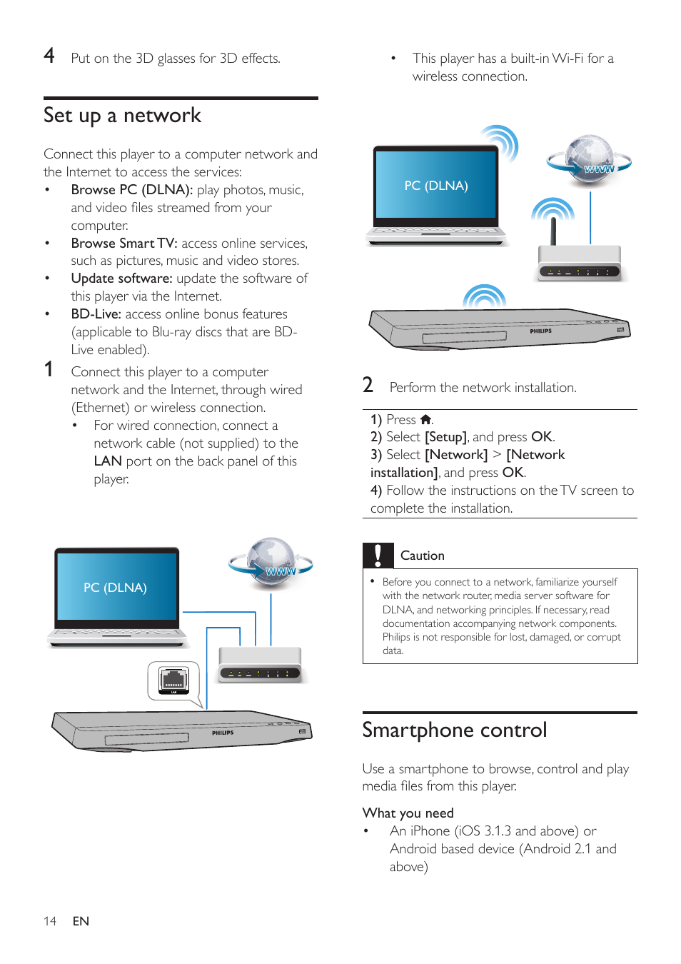 Set up a network, Smartphone control | Philips BDP5500 User Manual | Page 14 / 30