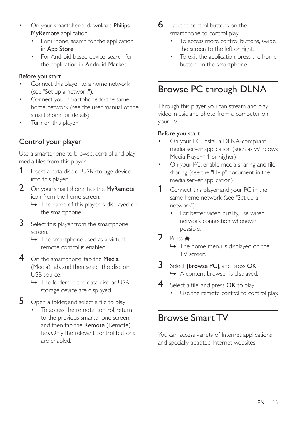 Browse pc through dlna, Browse smart tv | Philips BDP5500 User Manual | Page 15 / 30