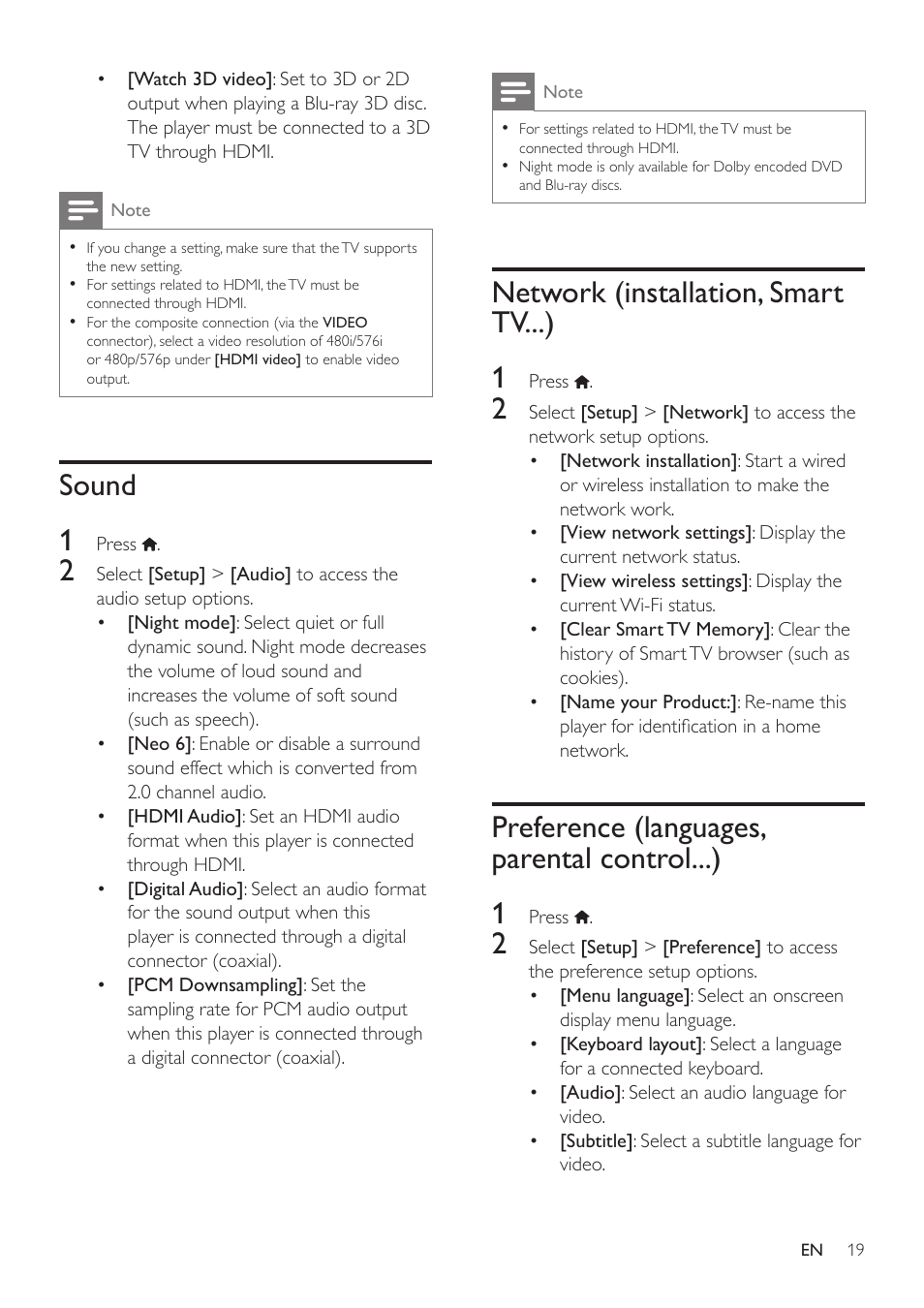 Sound, Network (installation, smart tv...), Preference (languages, parental control...) | Preference (languages, parental, Control...), Sound 1, Network (installation, smart tv...) 1, Preference (languages, parental control...) 1 | Philips BDP5500 User Manual | Page 19 / 30