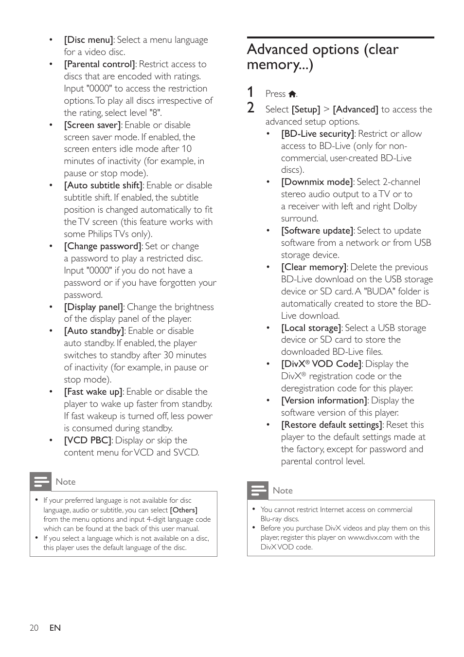 Advanced options (clear memory...) | Philips BDP5500 User Manual | Page 20 / 30