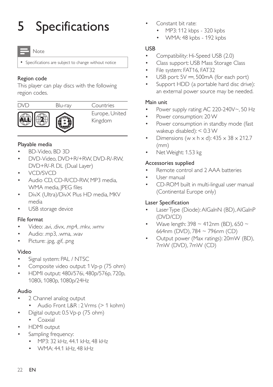 5 specifications | Philips BDP5500 User Manual | Page 22 / 30