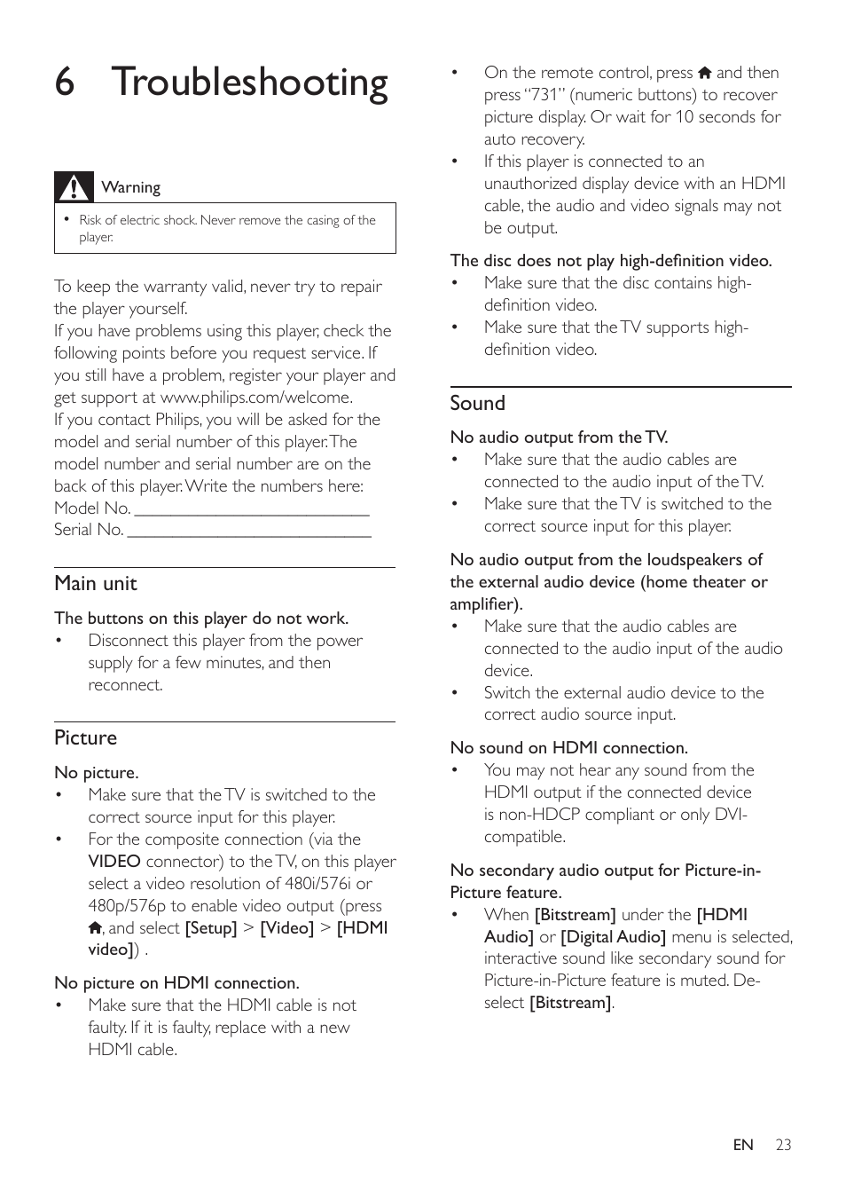 6 troubleshooting, Main unit, Picture | Sound | Philips BDP5500 User Manual | Page 23 / 30