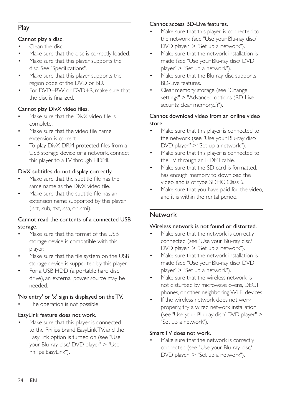 Play, Network | Philips BDP5500 User Manual | Page 24 / 30