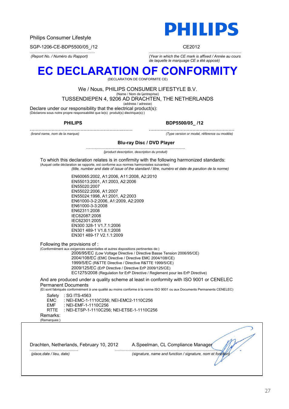 Ec declaration of conformity | Philips BDP5500 User Manual | Page 27 / 30