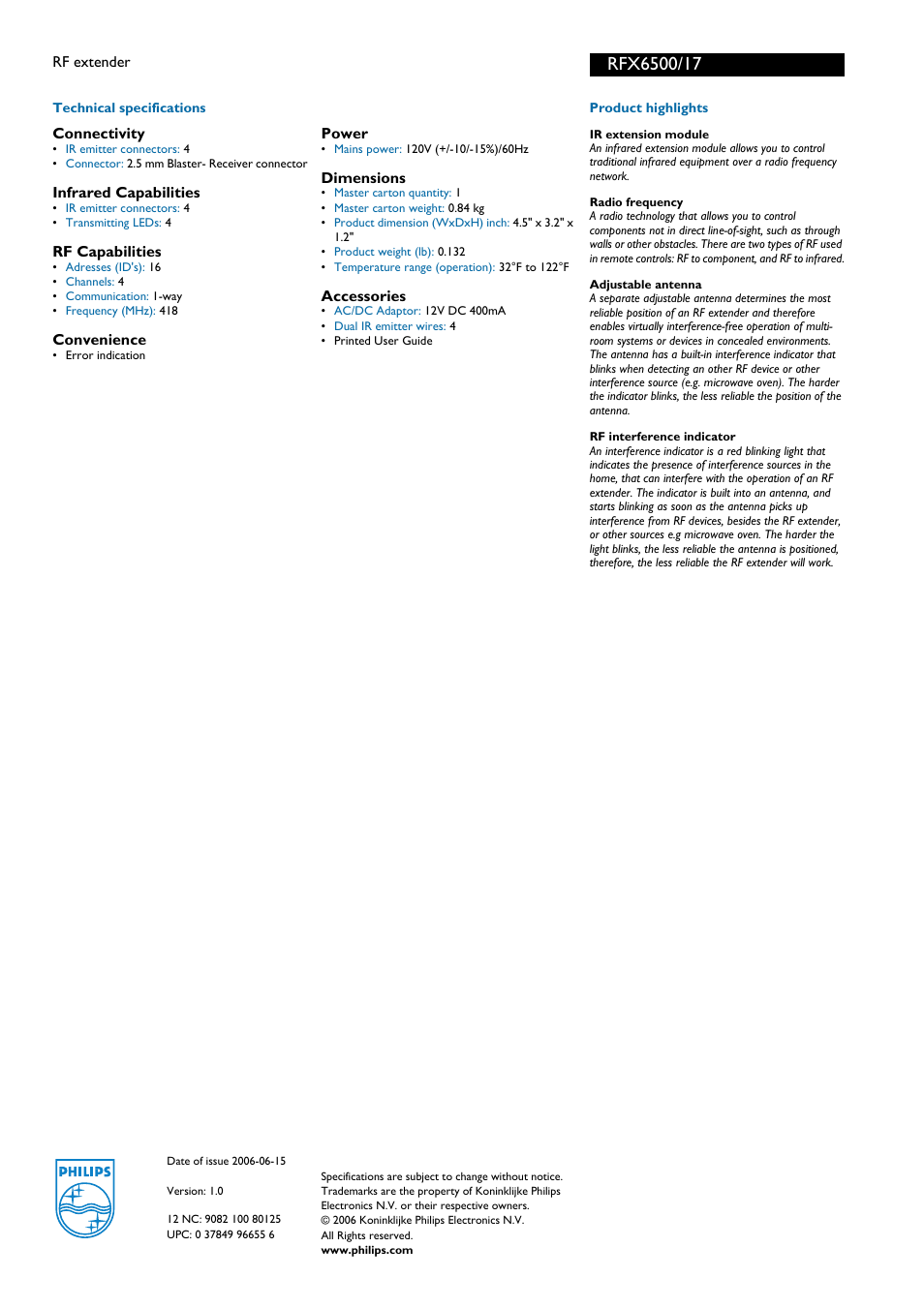 For preview purpose only | Philips RF EXTENDER RFX6500 User Manual | Page 2 / 2
