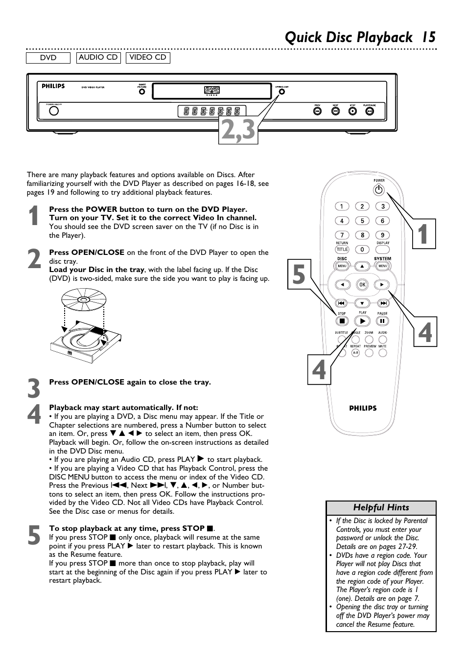 Quick disc playback 15 | Philips DVD624 User Manual | Page 15 / 48