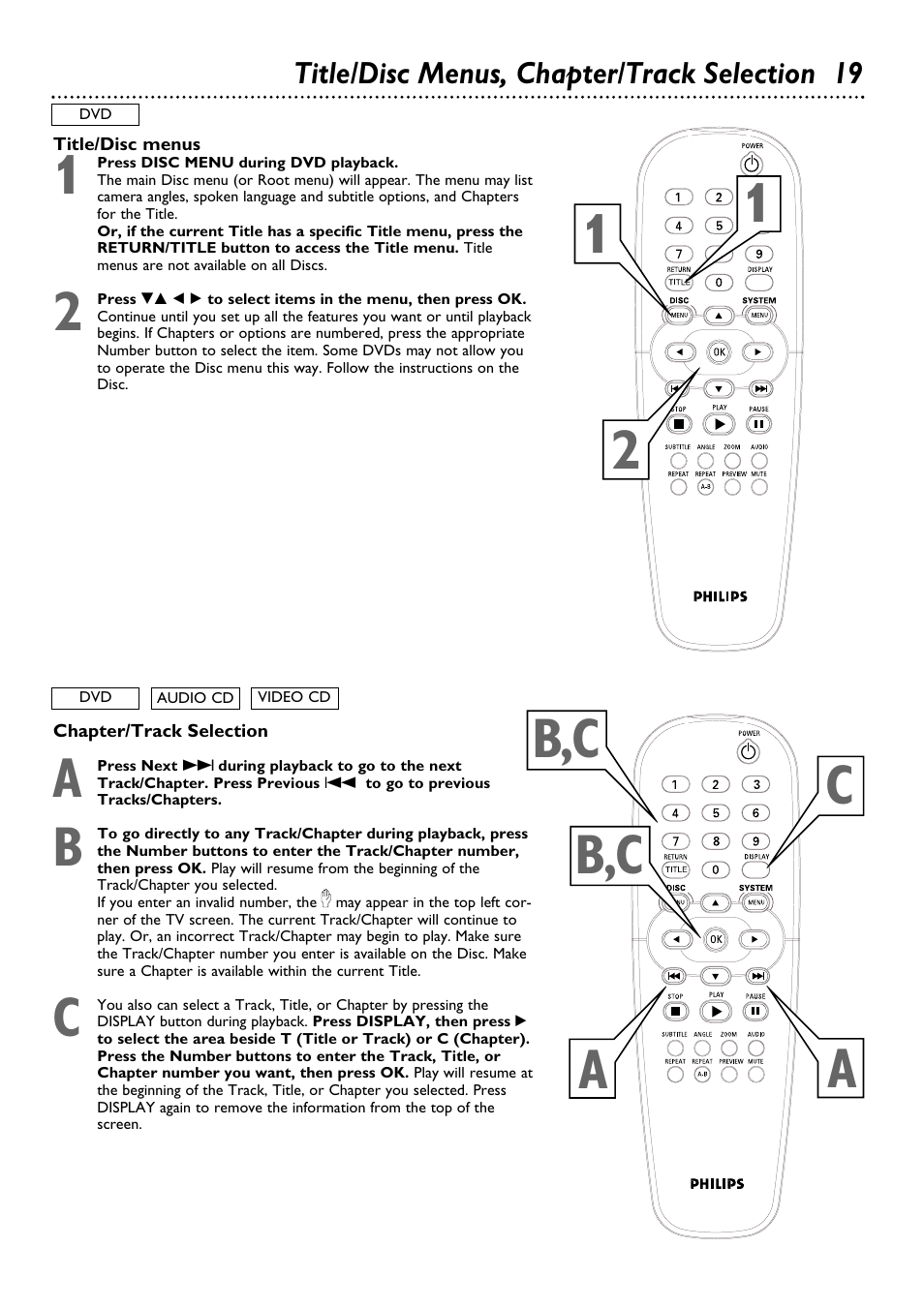 Title/disc menus, chapter/track selection 19 | Philips DVD624 User Manual | Page 19 / 48