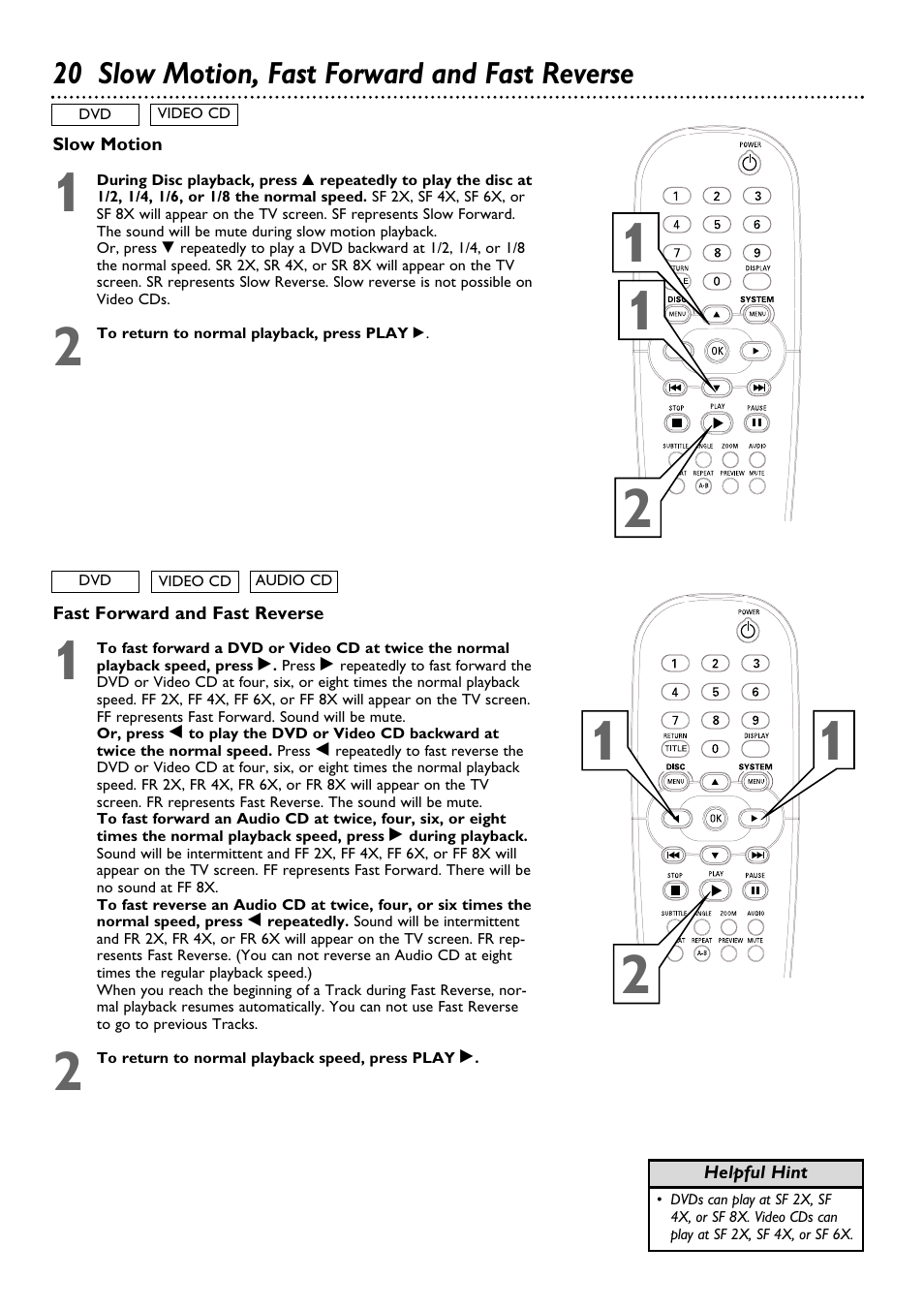 20 slow motion, fast forward and fast reverse | Philips DVD624 User Manual | Page 20 / 48