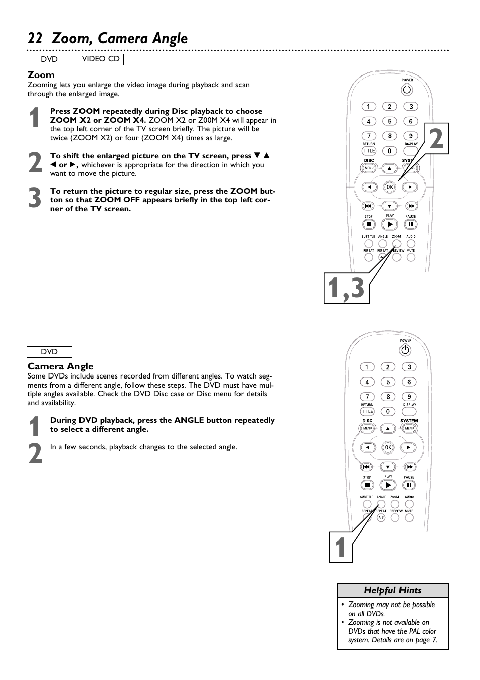 22 zoom, camera angle | Philips DVD624 User Manual | Page 22 / 48