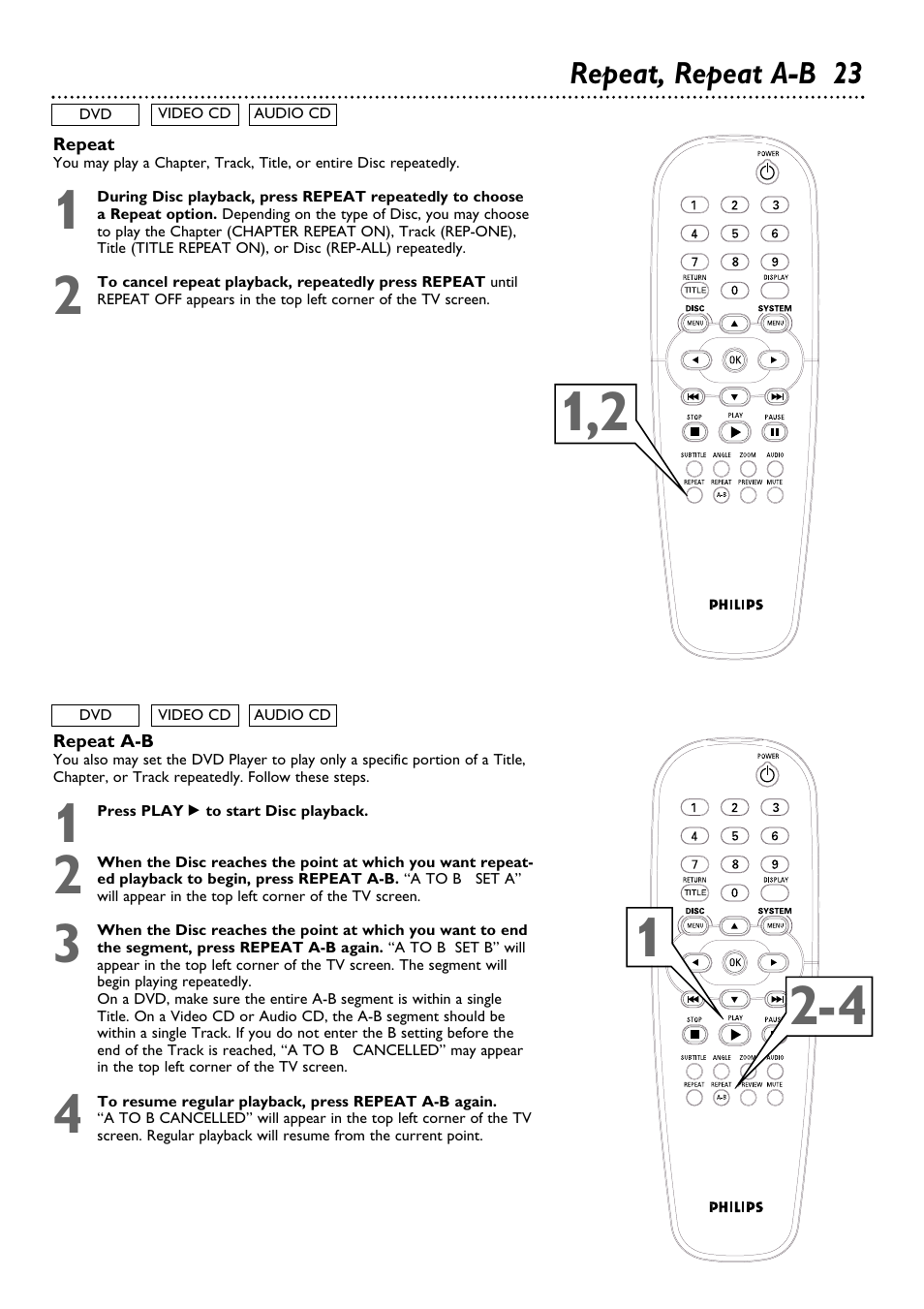 Repeat, repeat a-b 23 | Philips DVD624 User Manual | Page 23 / 48